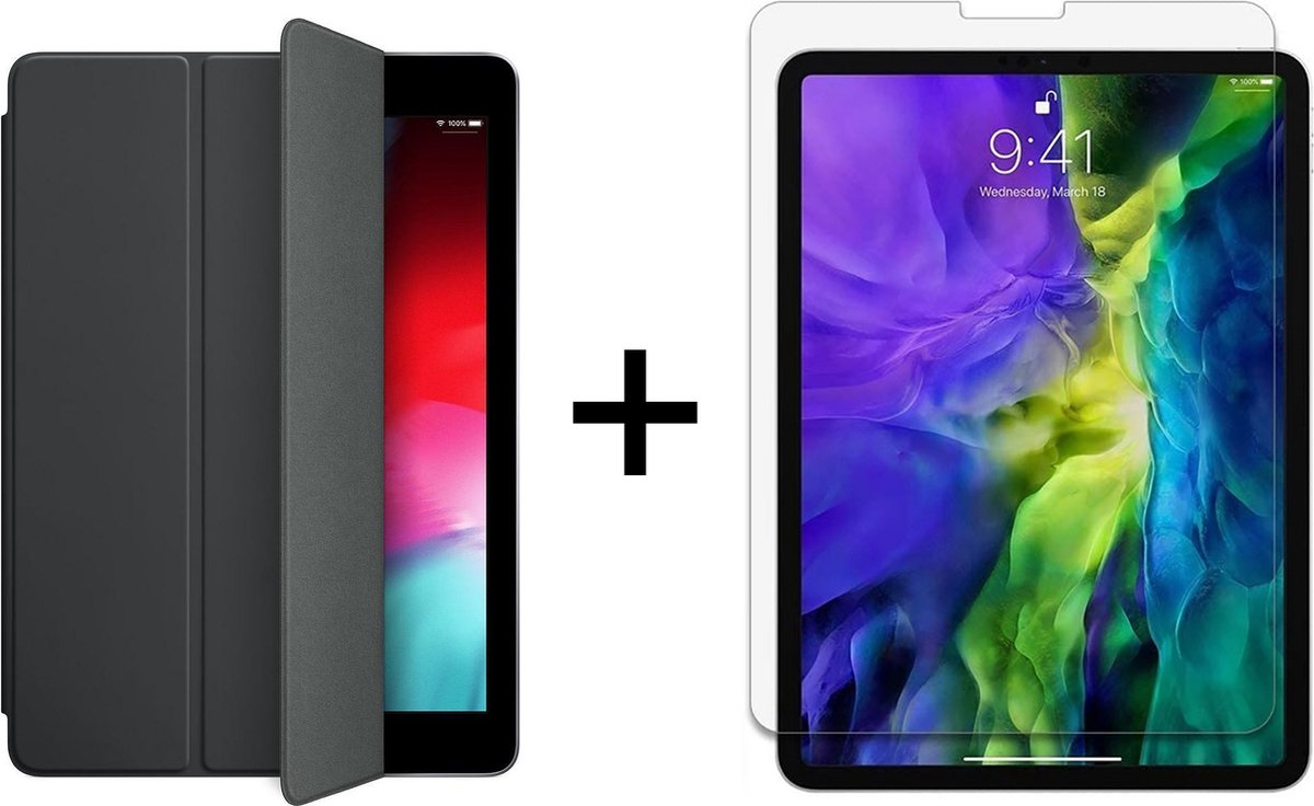 Apple iPad- 10.2 Inch (2019 & 2020) Hoes Zwart Hoesje - Tri Fold Tablet Case - Smart Cover - Magnetische Sluiting - 1x iPad (2019/2020) Screenprotector Screen Protector