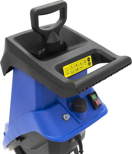 Handvat en bedieningspaneel van de blauwe elektrische hakselaar met rode en groene knop.