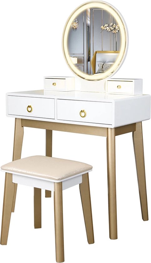 Kaptafel, Bureau, bureau met gewatteerde kruk, kaptafel met verlichte spiegel, kaptafel, eenvoudige en luxe tafel (B 120 cm