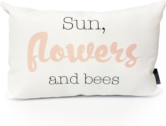Buitenkussen – wit – tekst 'Sun, flowers and bees' - 40x60 cm - tuin - sierkussen