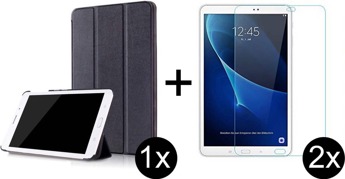 Samsung Tab A 10.1 Inch Hoes Zwart Hoesje - Tri Fold Tablet Case - Smart Cover- Magnetische Sluiting - Samsung Galaxy Tab A - 2x Samsung Tab A 10.1 Screenprotector Screen Protector