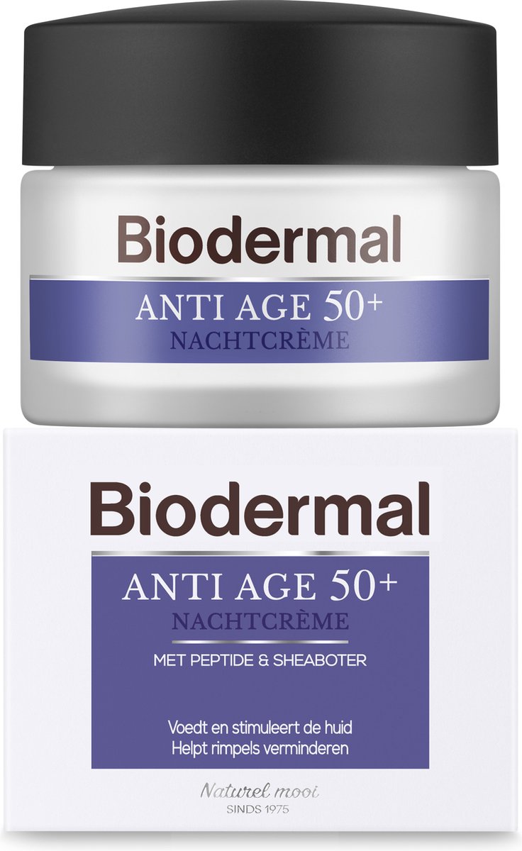 Bol.com Biodermal Anti-Age 50+, 50 ml - Nachtcrème met Peptide en Sheaboter, Voedt en stimuleert de huid, Helpt rimpels verminderen aanbieding
