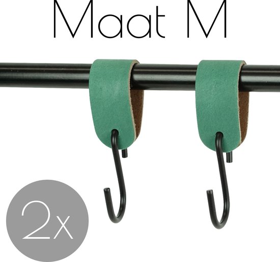 2x Leren S-haak hangers - Handles and more® | ZEEGROEN - maat M  (Leren S-haken - S haken - handdoekkaakje - kapstokhaak - ophanghaken)