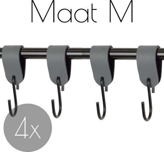 4x Leren S-haak hangers - Handles and more® | DONKERGRIJS - maat M (Leren S-haken - S haken - handdoekkaakje - kapstokhaak - ophanghaken)