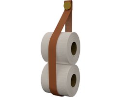 Leren toiletrol-voorraadhouder, met zuignap én schroef - Handles and more® | leer: COGNAC / knop: Goud (reserverolhouder - toiletrolhouder - toiletrollen houder - toilet rol voorraad houder)