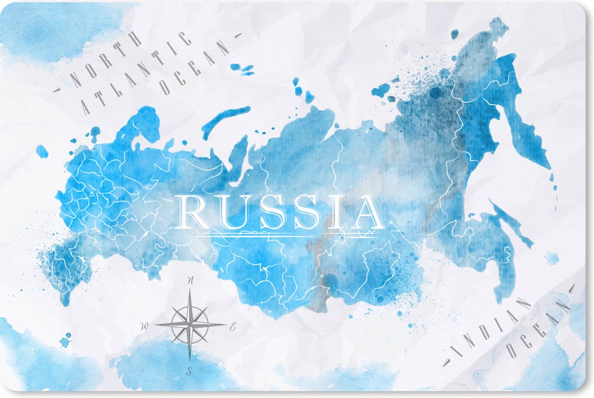 Muismat XXL 90x60 cm - Bureau onderlegger - Bureau mat Wereldkaarten - Rusland - Blauw - Bureaumat - Gaming mousepad xl - Bureaulegger groot - Computer deskmat