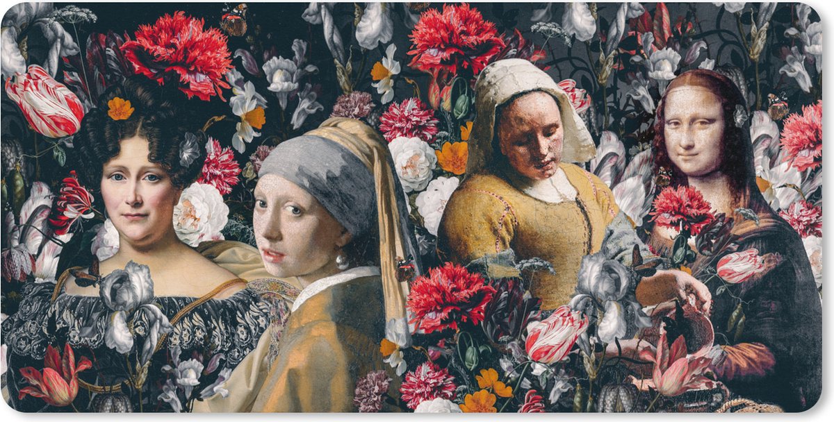 Muismat XXL 100x50 cm - Bureau onderlegger - Bureau mat Collage - Schilderij - Bloemen - Oude meesters - Bureaumat - Gaming mousepad xl - Bureaulegger groot - Computer deskmat