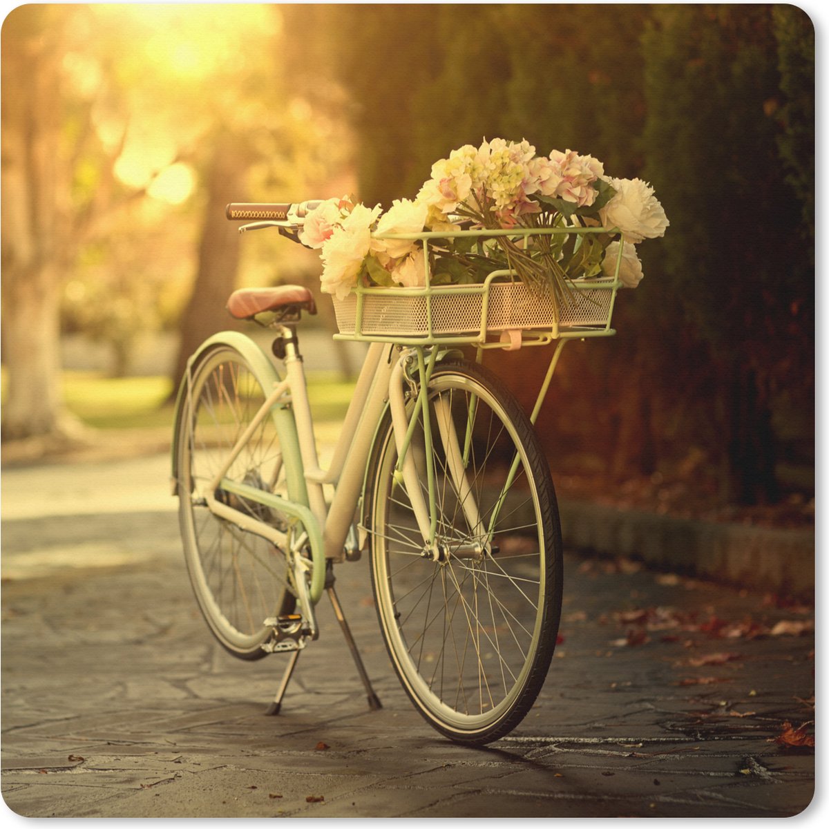 Muismat XXL 40x40 cm - Bureau onderlegger - Bureau mat Bloemen in de fietsmand van de fiets - Bureaumat - Gaming mousepad xl - Bureaulegger groot - Computer deskmat