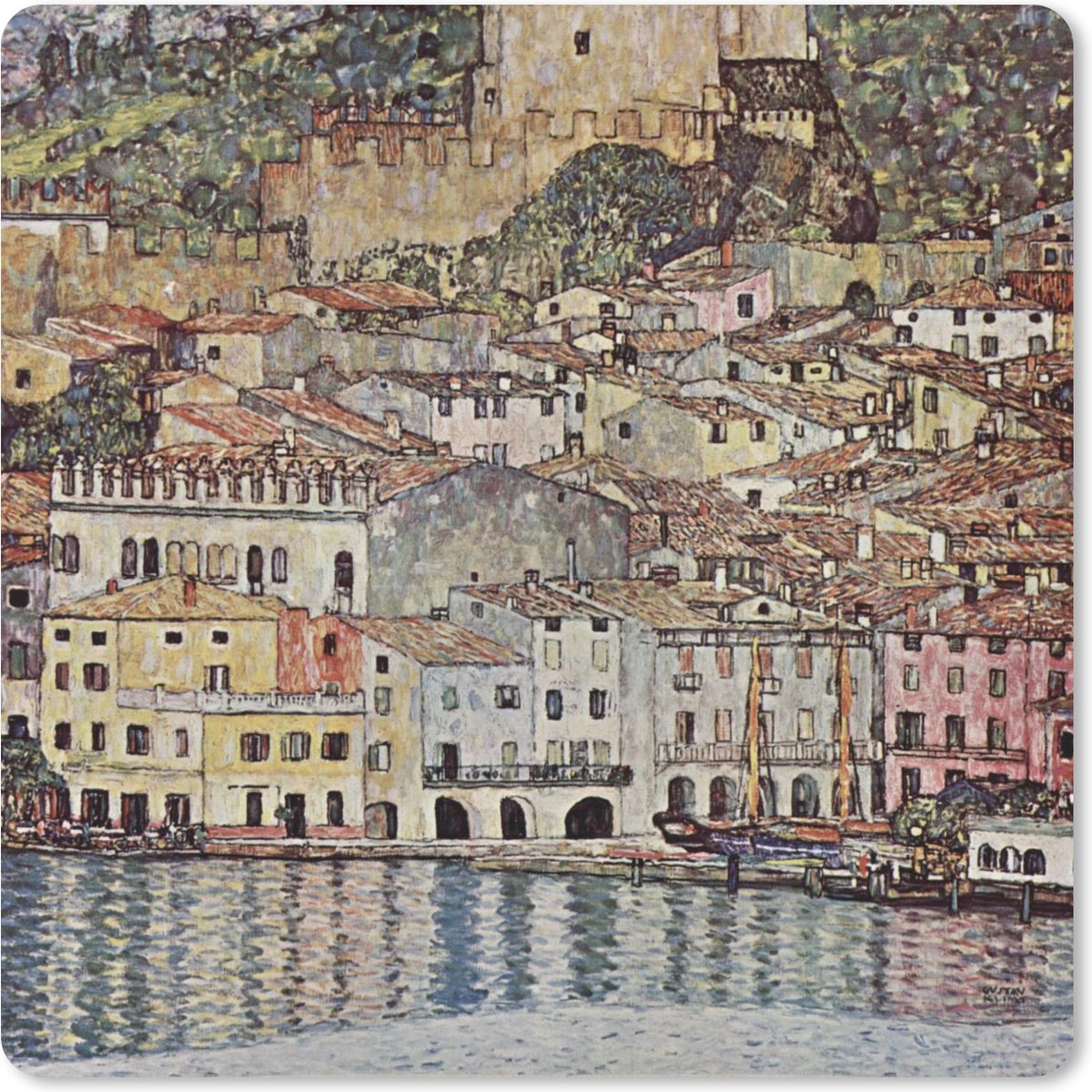 Muismat XXL 40x40 cm - Bureau onderlegger - Bureau mat Malcesine aan het Gardameer - schilderij Gustav Klimt - Bureaumat - Gaming mousepad xl - Bureaulegger groot - Computer deskmat