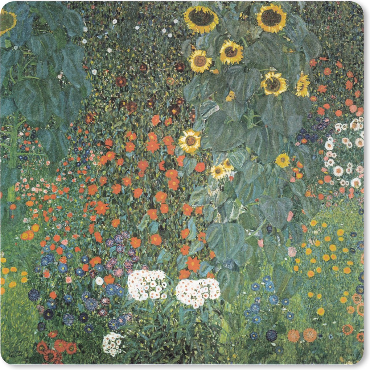 Muismat XXL 40x40 cm - Bureau onderlegger - Bureau mat Boerderijtuin met zonnebloemen - schilderij van Gustav Klimt - Bureaumat - Gaming mousepad xl - Bureaulegger groot - Computer deskmat