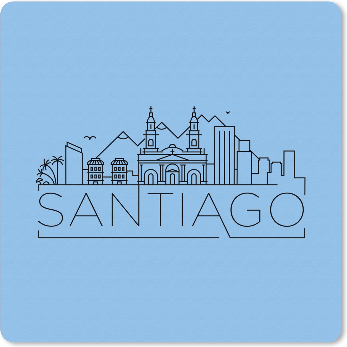 Muismat XXL 40x40 cm - Bureau onderlegger - Bureau mat Skyline "Santiago" zwart op blauw - Bureaumat - Gaming mousepad xl - Bureaulegger groot - Computer deskmat