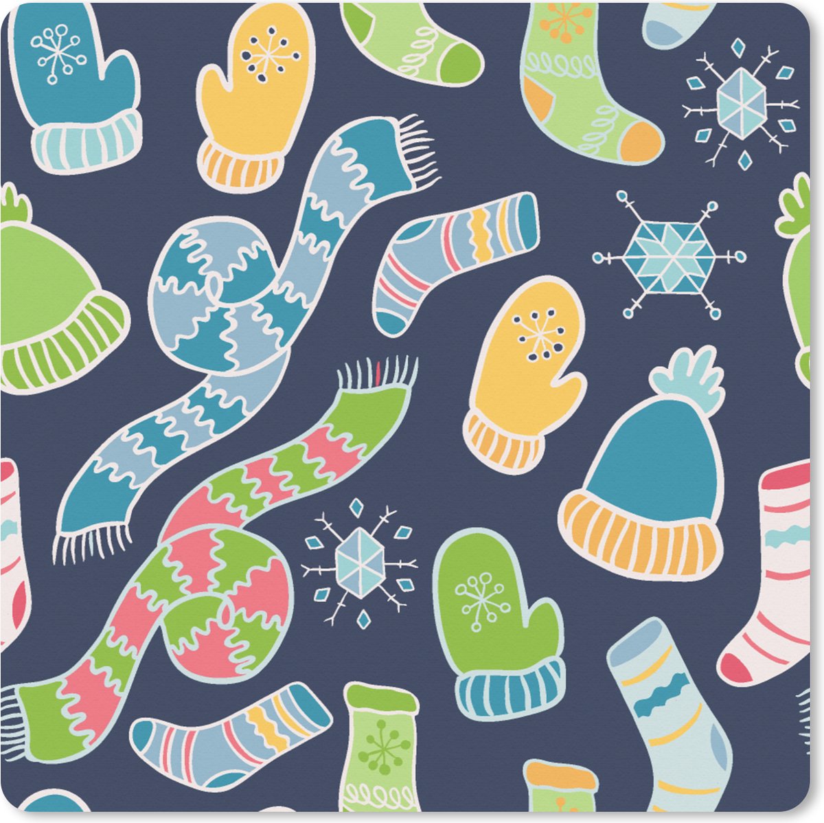 Muismat XXL 40x40 cm - Bureau onderlegger - Bureau mat Sjaal - Handschoenen - Muts - Regenboog - Winter - Patronen - Bureaumat - Gaming mousepad xl - Bureaulegger groot - Computer deskmat