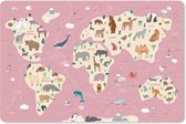 Muismat XXL - Bureau onderlegger - Bureau mat - Wereldkaart kinderen - Dieren - Aarde - Meisjes - Meiden - Roze - 90x60 cm - XXL muismat