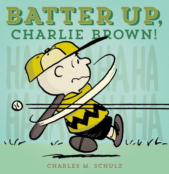 Charlie Brown slaat met een honkbalknuppel, met de tekst 'BATTER UP, CHARLIE BROWN!' bovenaan.