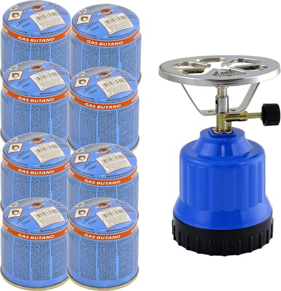TronicXL Gaskooktoestel, campingkooktoestel, 1 lichtpunt, aluminium branders + 8 x cartridges gasfles butaan-set