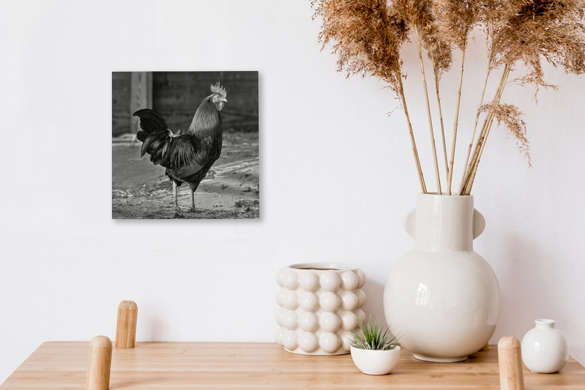 Tableau sur toile un coq à la ferme - noir et blanc - 40x30 cm - Décoration  murale