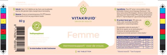 Achterkant van Vitakruid Femme pot met 60 tabletten. Bevat ingrediënten, samenstelling en vegan logo.
