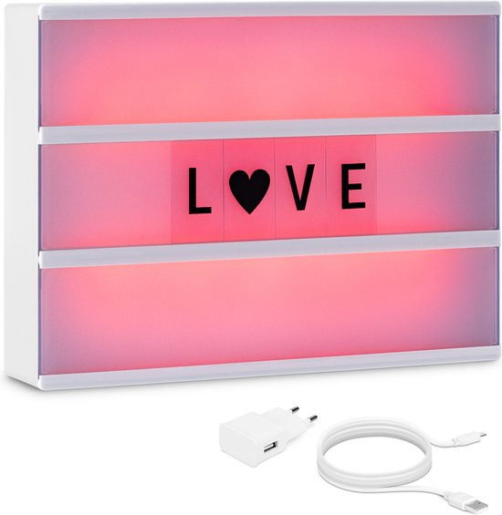 kwmobile LED Lichtdoos A4 - Kleurveranderende lightbox met 126 zwarte letters en symbolen - Berichtbord met USB of op batterijen - Wit