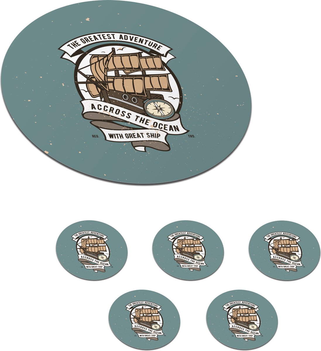 Onderzetters voor glazen - Rond - Boot - Zeil - Vintage - 10x10 cm - Glasonderzetters - 6 stuks