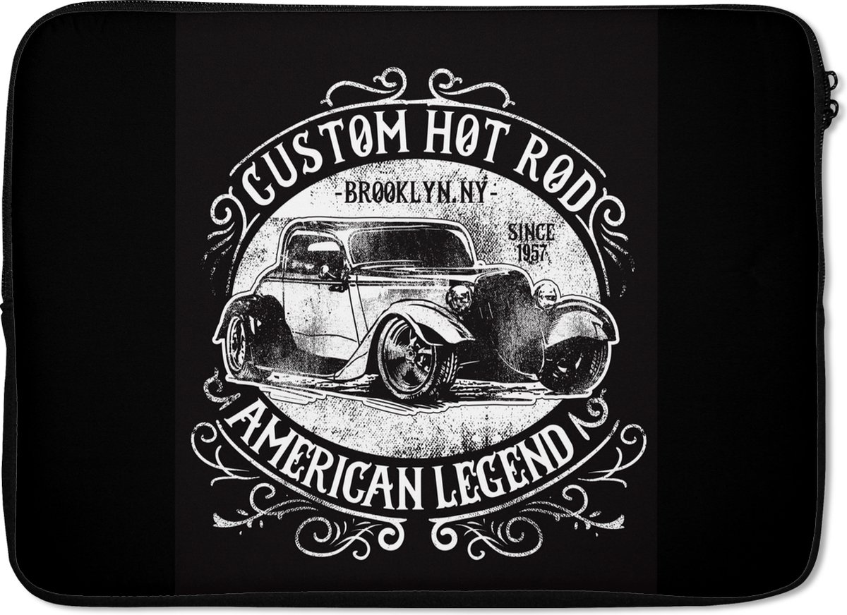 Laptophoes 14 inch - Mancave - Oldtimer - Auto - Retro - Laptop sleeve - Binnenmaat 33x23 cm - Zwarte achterkant