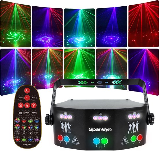 Sparklyn Professional Disco Laser with 15 Eyes - 120 combinaisons de lumière - Télécommande - Contrôlable DMX - Lampe Disco - Zwart