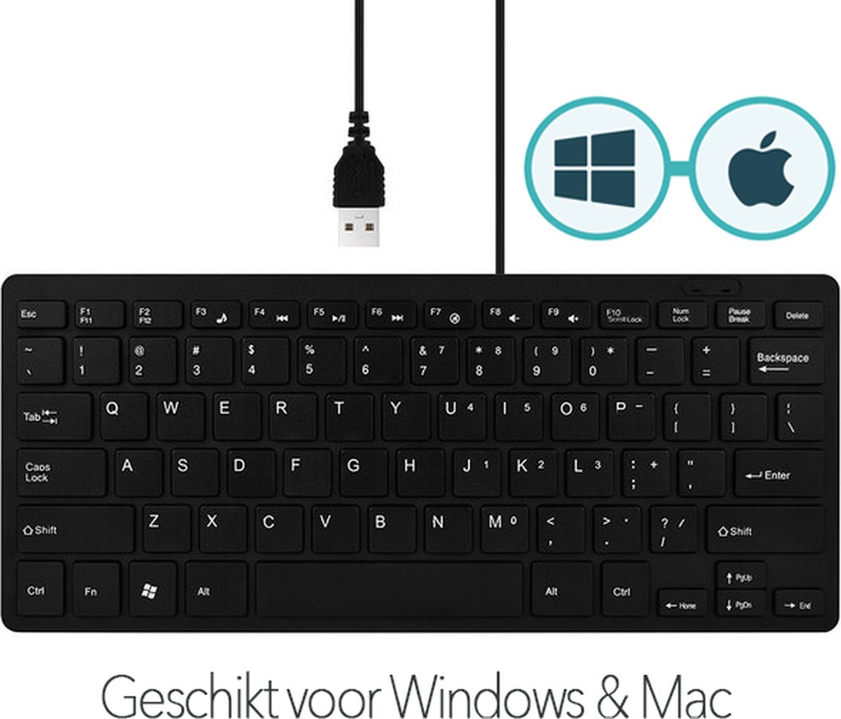 K001 Mini Toetsenbord, QWERTY (US), Ergonomisch en Ultradun, Zwart, Met draad, USB aansluiting, Mac + Windows