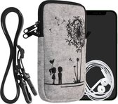 kwmobile Tasje voor smartphones XL - 6,7/6,8" - Hoesje van vilt in zwart / lichtgrijs - Phone case met nekkoord - Paardenbloemen Liefde design