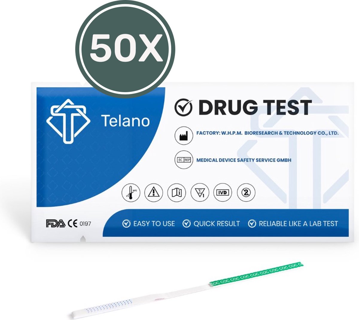 Goedkoopste Telano Drugstest Cocaïne 50 stuks - Drugtest Urine COC Strip
