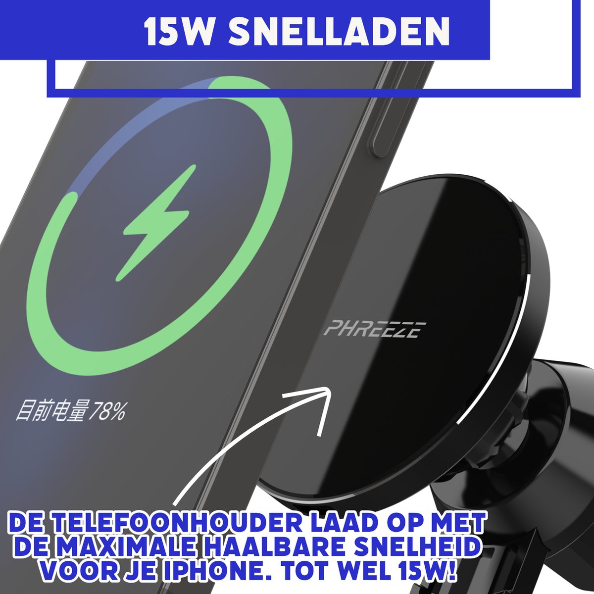 Draadloze Oplader Auto met 15W Snellaadfunctie en Magneet - Magnetische  Telefoonhouder... | bol.com