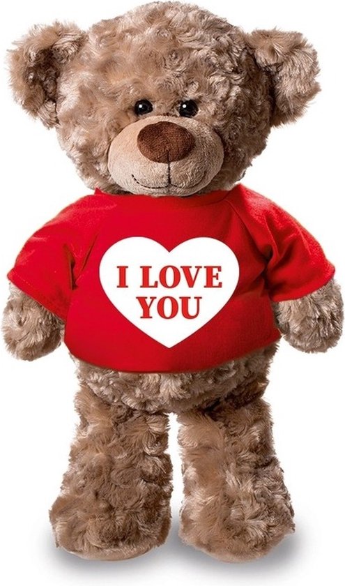 Knuffelbeer I love you met rood shirtje en hartje 24 cm - valentijn cadeautje voor hem en haar