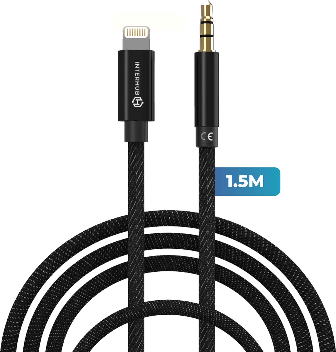 Iphone aux kabel - Iphone Lightning naar Jack 3,5 mm adapter kabel - geschikt voor Apple Iphone - 1.2m/120cm - Zwart - Interhub