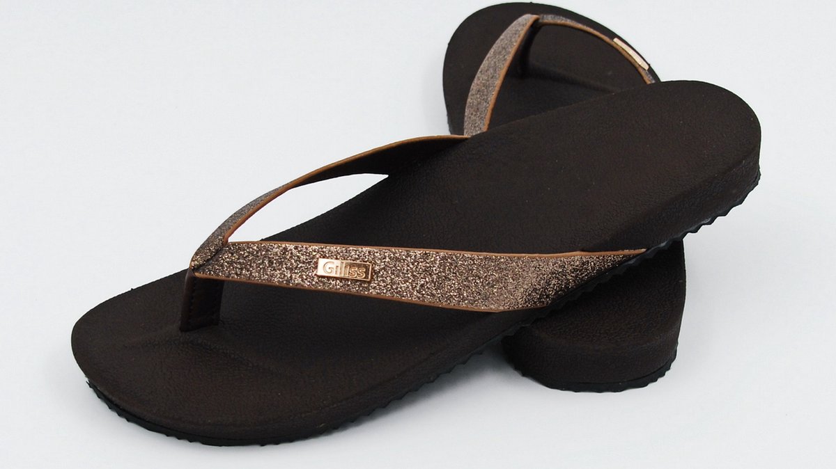Giliss Teen Slippers dames - ORTHO Bruin/Zwart - Zand Gouden strap