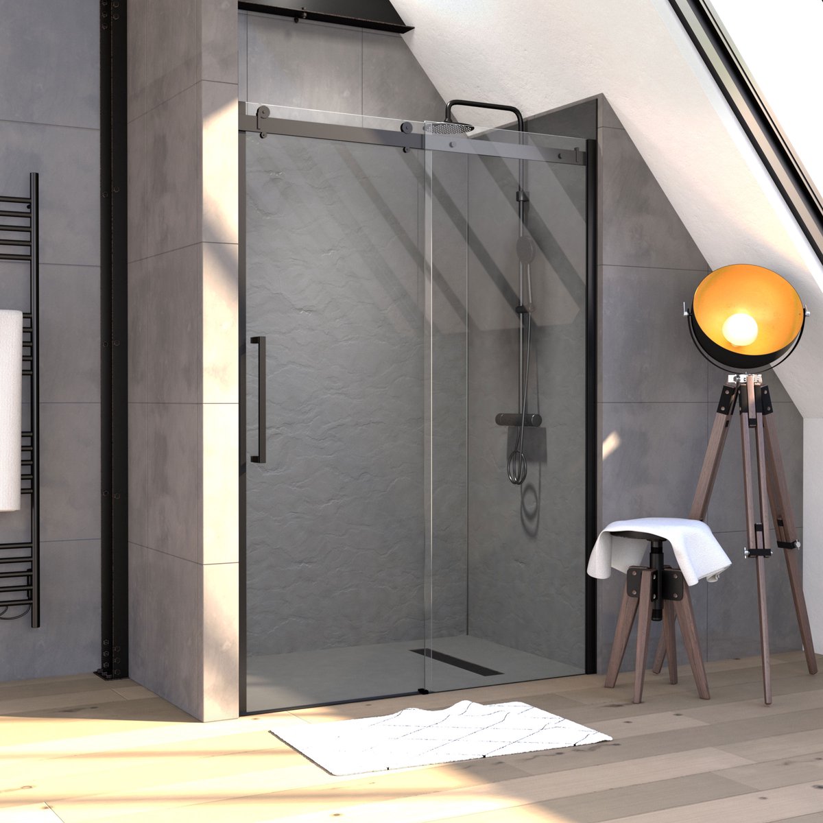 Porte de douche 140x200cm type industriel coulissante NOIR MAT - verre trempe 8mm