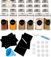 24 Glazen Kruidenpotjes met Strooideksel - Ronde Kruidenstrooier - Complete Set met Stickers, Trechter, Stift en Borstel
