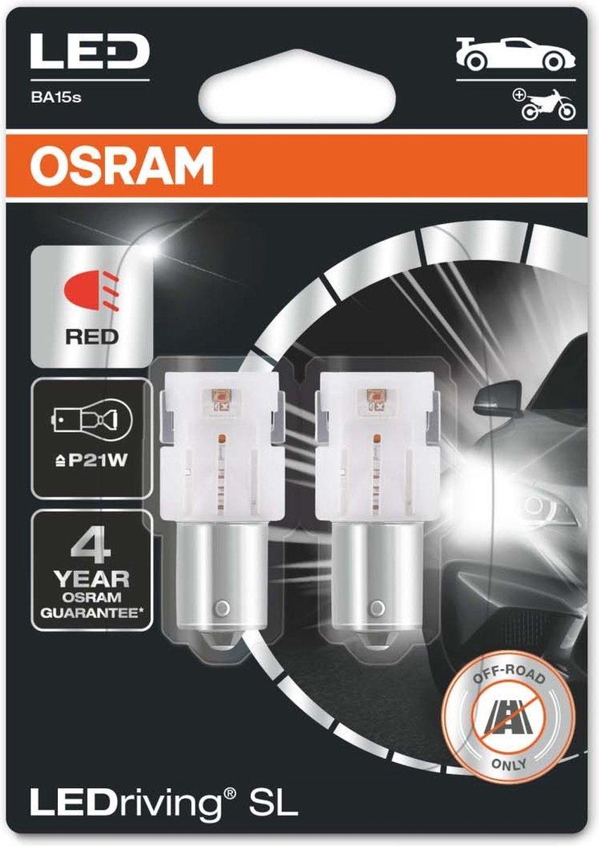 Osram P21W LED Retrofit Rood 12V BA15s 2 Stuks
