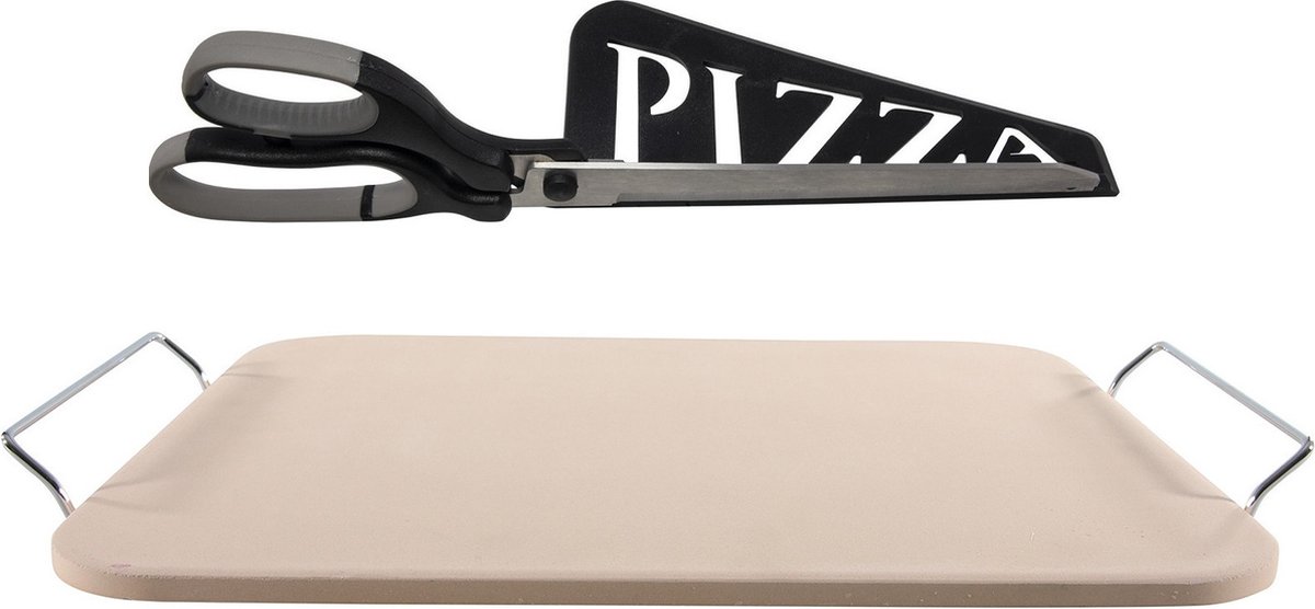 Pizzasteen rechthoekig 30 x 38 cm met handvaten - Met zwarte pizzaschaar 30cm - BBQ/oven - Pizzaplaat/pizzaplaten