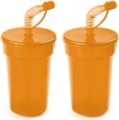 Set van 4x stuks afsluitbare plastic drinkbeker oranje 400 ml met rietje voor kinderen/peuters