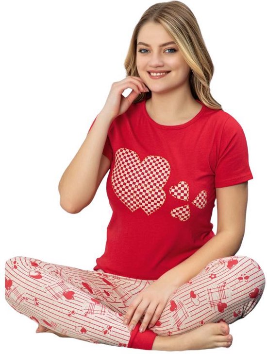 Pyjama- Huispak 2-delig- Pyjama dames volwassenen- Vrijetijdskleding- Fashion Home&Sleep Wear 15726- Rood/roze- Maat XS