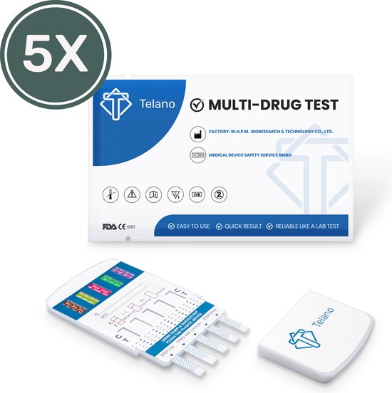 Telano Multidrugstest 5 - Urine Drugstest test op 5 soorten Drugs - Cocaine Cannabis Amphetaminen Ecstasy Heroïne - 5 stuks