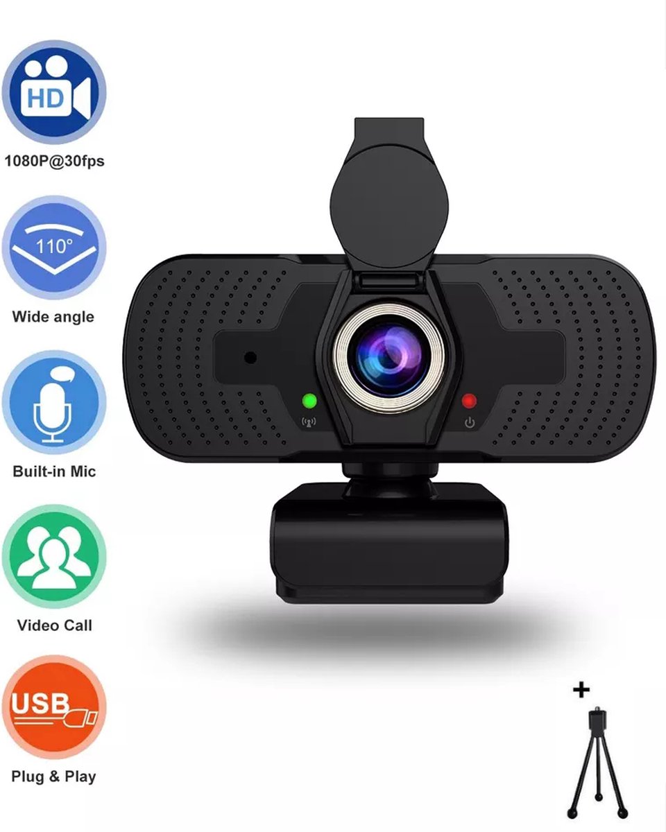 Webcam met Microfoon - Full HD 1080P - Plug and Play - Geschikt voor Windows en Mac - TEAMS ZOOM GAMING - inclusief clip, tripod en camera-cover