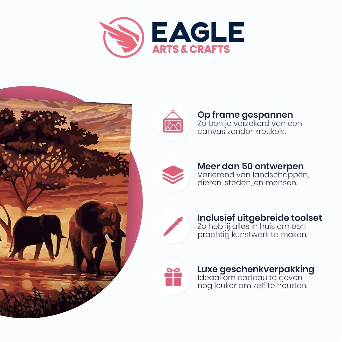 Eagle® Schilderen op Nummer Volwassenen - Olifanten - Gespannen op Houten Frame - 50x40cm — afbeelding 3