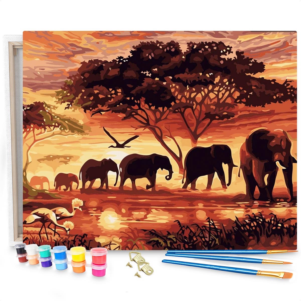 Eagle® Schilderen op Nummer Volwassenen - Olifanten - Gespannen op Houten Frame - 50x40cm