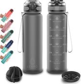 Lekro Waterfles met Tijdmarkeringen - Motivatie Waterfles met Fruitfilter en Shake Bal/Shaker - Drinkfles 1 Liter - BPA vrij - Grijs