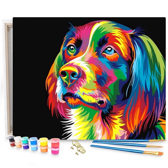 Une peinture d'un chien aux couleurs de l'arc-en-ciel, avec des pinceaux, des pots de peinture et des accessoires de suspension.