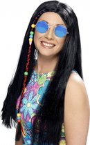 Dames Flower Power Hippie Sixties verkleed set zwarte pruik en ronde blauwe bril