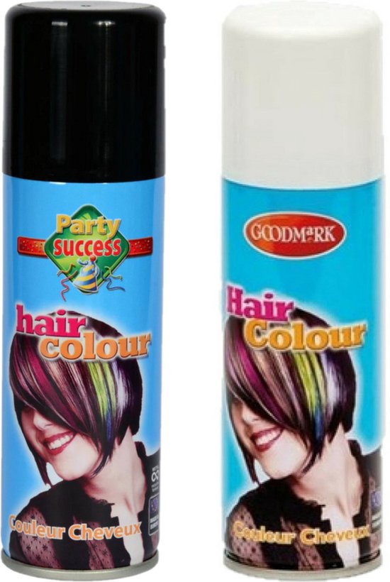 Goodmark en Party Success haarsprays in zwart en wit, met afbeeldingen van vrouwen met gekleurd haar.