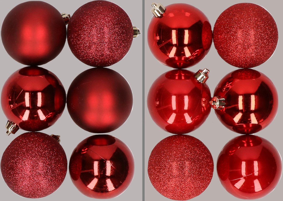 12x stuks kunststof kerstballen mix van donkerrood en rood 8 cm - Kerstversiering