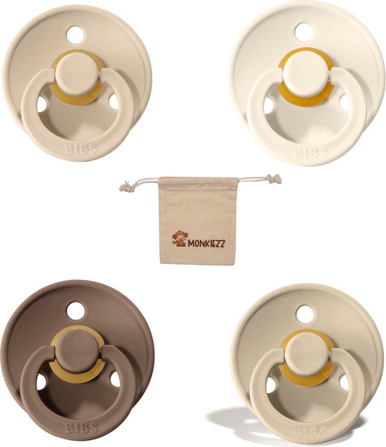 Bibs fopspenen maat 2 6-18 maanden| Set 4 stuks| Vanilla, Ivory, sand, Dark oak + Monkiezz speenzakje