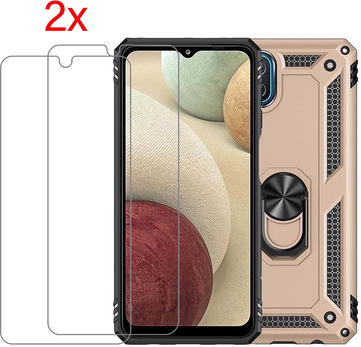 BixB Samsung Galaxy A13 Hybrid Armor hoesje Met 2 Pack Screenprotector Goud – Samsung Galaxy A13 Extreme backcover – Samsung A13 backcover – Samsung A13 – ringhouder hoesje