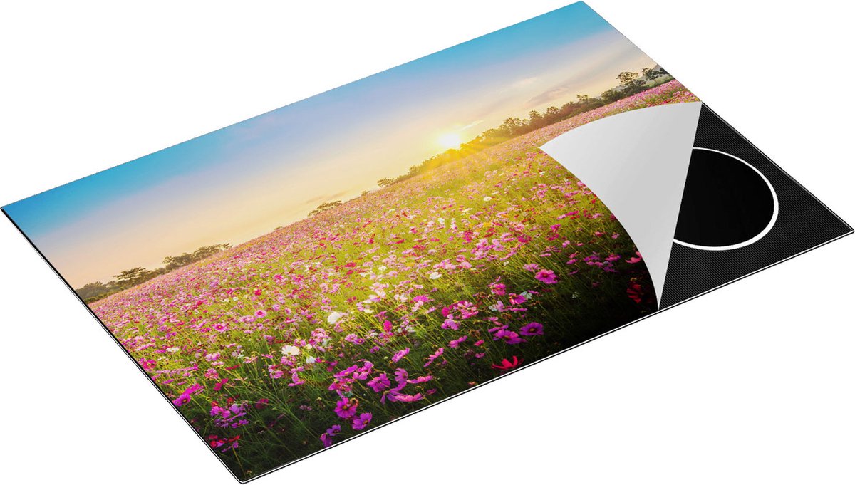 Chefcare Inductie Beschermer Bloemenveld met Roze Kosmos - 80x50 cm - Afdekplaat Inductie - Kookplaat Beschermer - Inductie Mat
